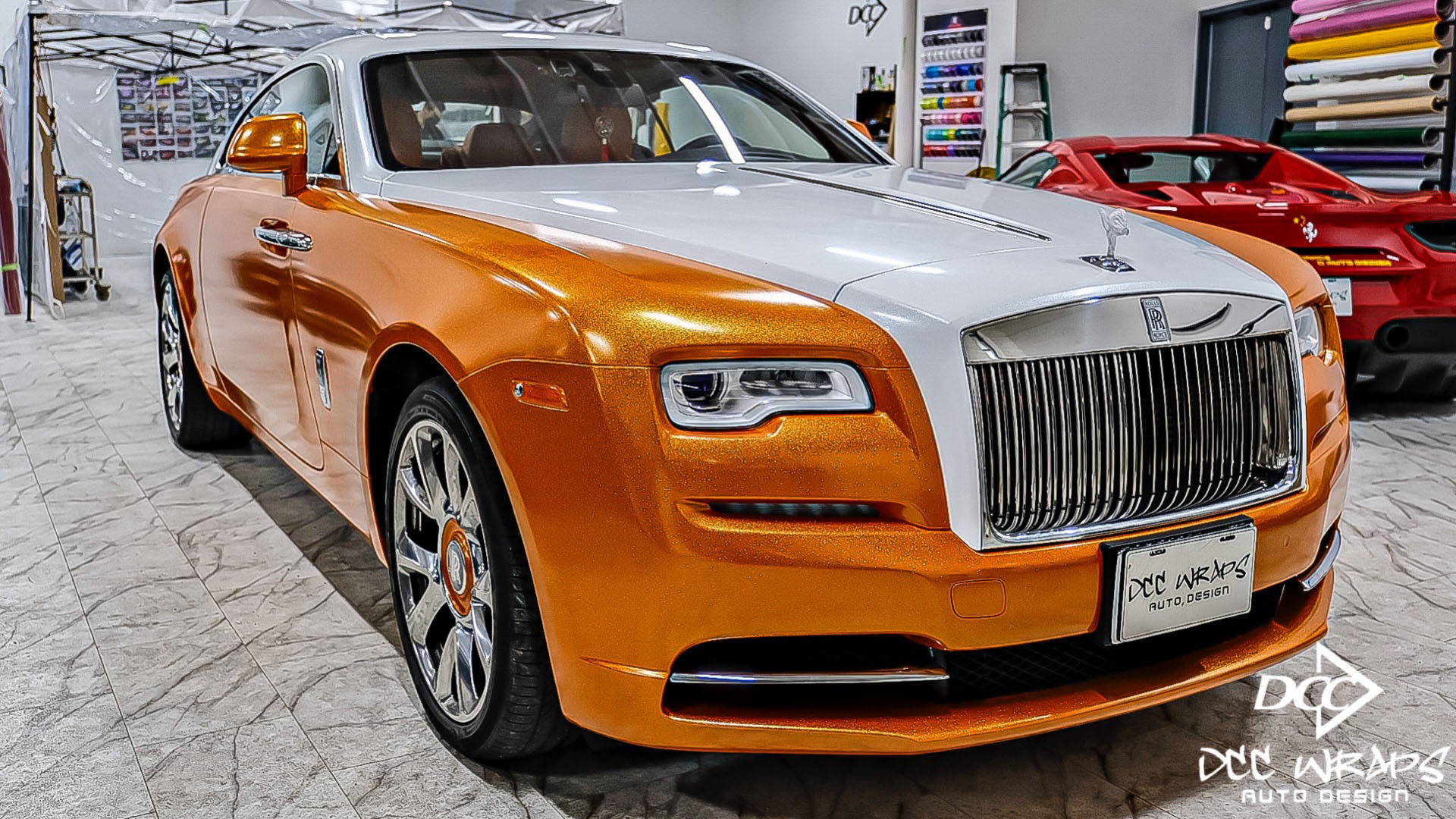 Rolls Royce Wraith wrapped diamond orange/white